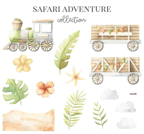 Kit Digital Safari Trem Aquarela - Safari Adventure
