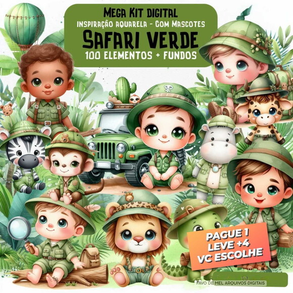 Kit Digital Safari Verde Aquarela #44 Png (pague 1 Leve +4)