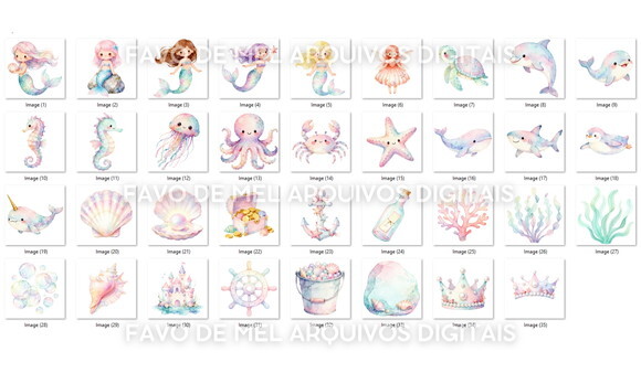 Kit Digital Sereias Aquarela Fundo do Mar #42