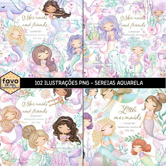 Kit Digital Sereias Aquarela - Combo Ilustrações