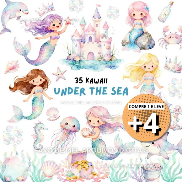 Kit Digital Sereias Aquarela Fundo do Mar #42