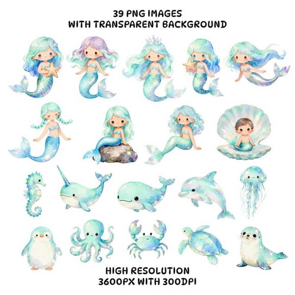 Kit Digital Sereias Aquarela Png