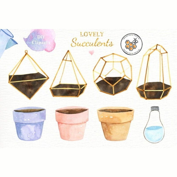 Kit Digital Suculentas Aquarela - Lovely Succulents