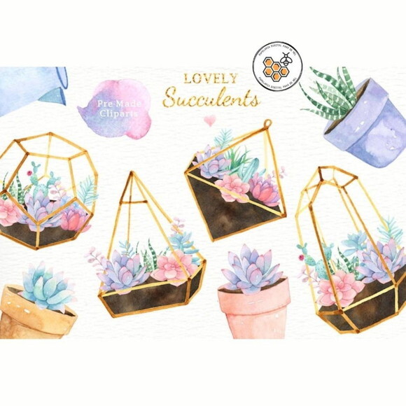 Kit Digital Suculentas Aquarela - Lovely Succulents