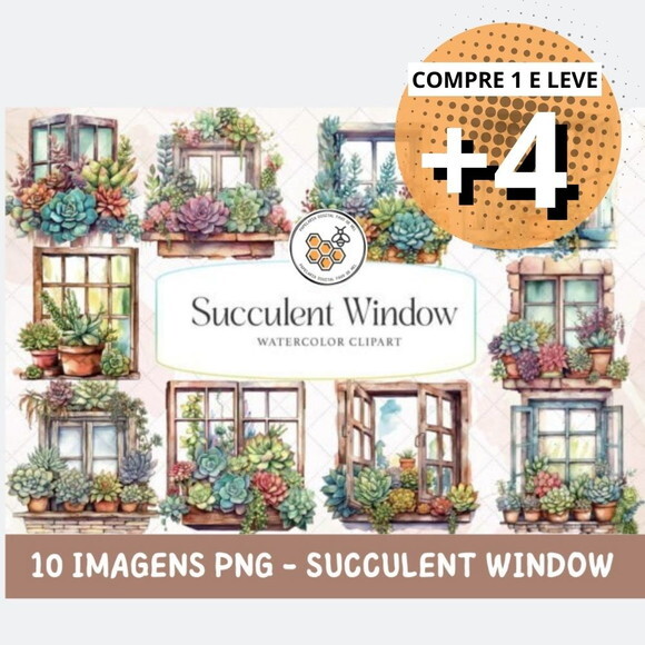 Kit Digital Suculentas na Janela Aquarela - Succulent Window