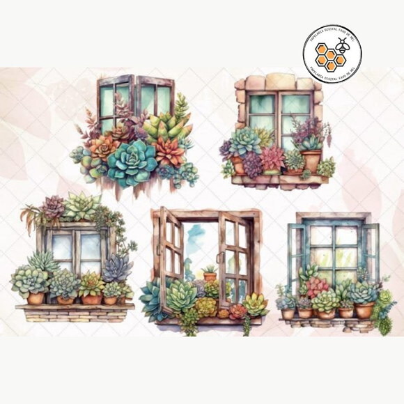 Kit Digital Suculentas na Janela Aquarela - Succulent Window