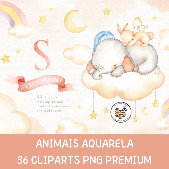 Kit Digital Sweet Dreams - Animais Dormindo Aquarela Premium