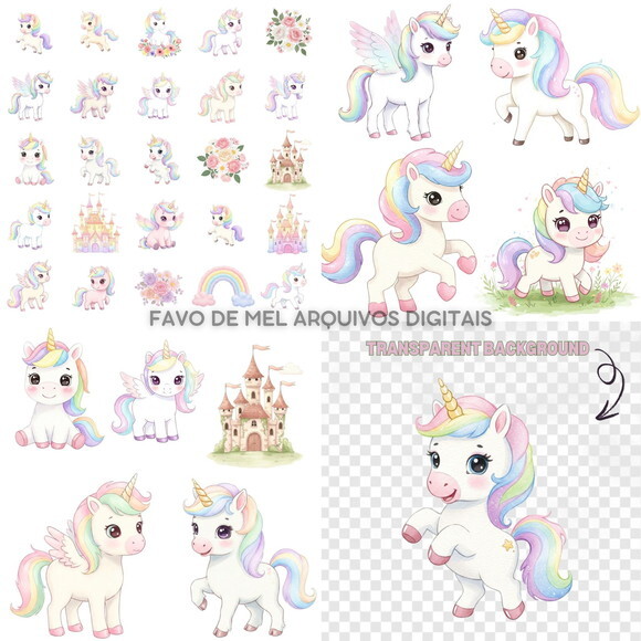 Kit Digital Unicórnio Aquarela #3 Png