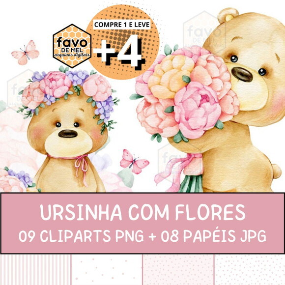 Kit Digital Ursinha com Flores Aquarela - Elementos e Papéis