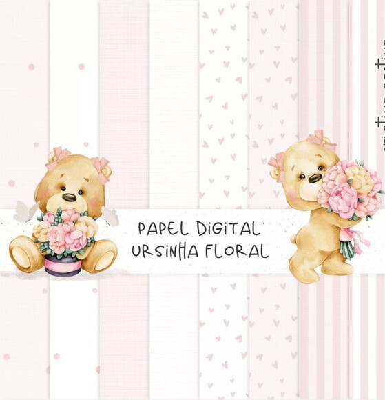 Kit Digital Ursinha com Flores Aquarela - Elementos e Papéis