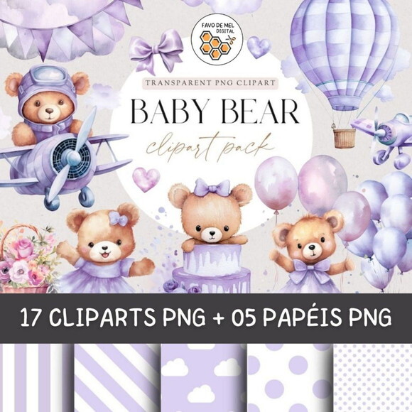 Kit Digital Ursinha Lilás Aquarela Premium -purple Baby Bear