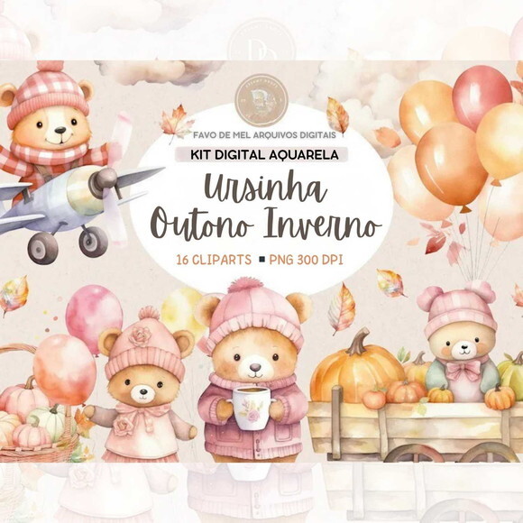 Kit Digital Ursinha Outono Inverno Aquarela Png Premium