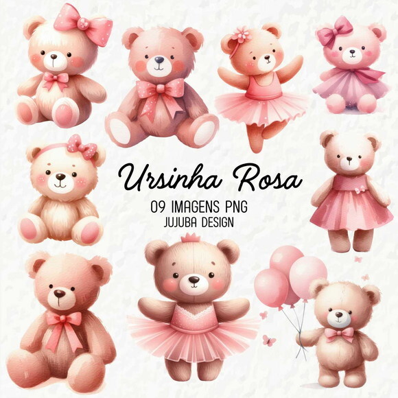 Kit Digital Ursinha Rosa Aquarela #12 Png Premium