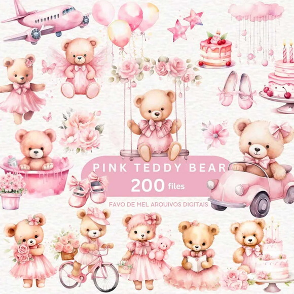 Kit Digital Ursinha Rosa Aquarela #14 Png Premium