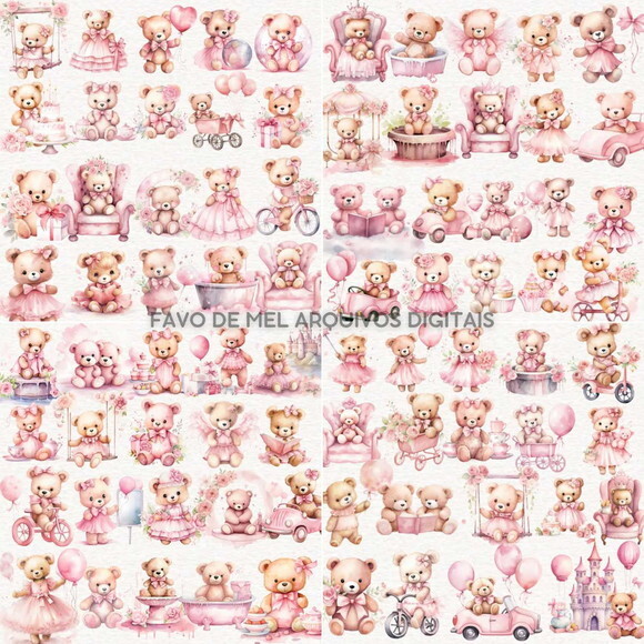 Kit Digital Ursinha Rosa Aquarela #14 Png Premium