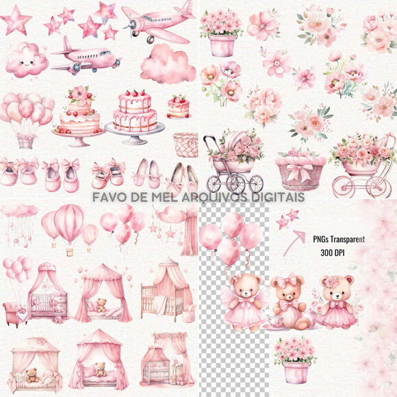 Kit Digital Ursinha Rosa Aquarela #14 Png Premium