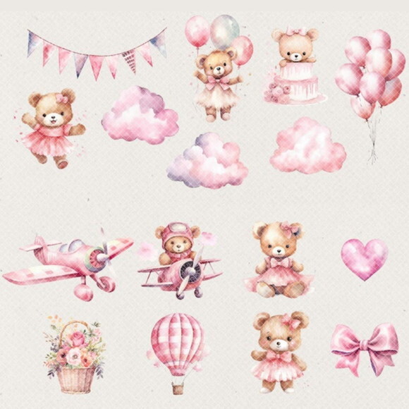 Kit Digital Ursinha Rosa Aquarela Premium - Pink Baby Bear
