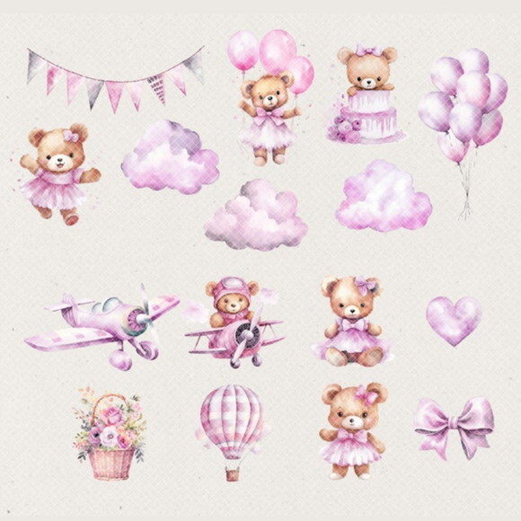Kit Digital Ursinha Rosa Aquarela Premium - Lilac Baby Bear