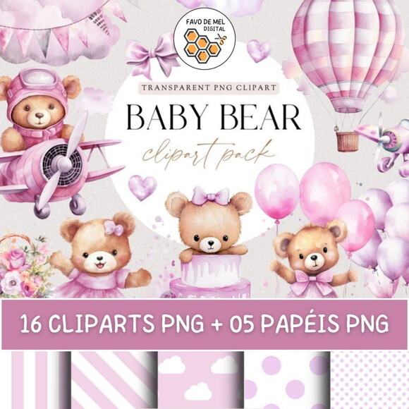 Kit Digital Ursinha Rosa Aquarela Premium - Lilac Baby Bear