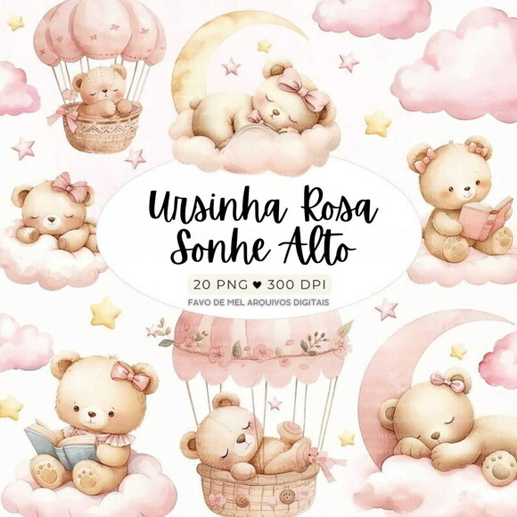 Kit Digital Ursinha Rosa Sonhe Alto Aquarela Png Premium