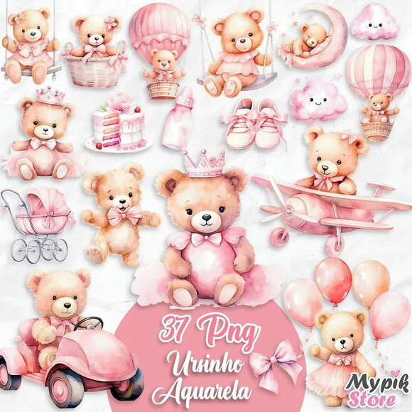 Kit Digital Ursinha Teddy Rosa Aquarela Png #15