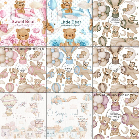 Kit Digital Ursinho Aquarela - Combo 9 Kits Premium