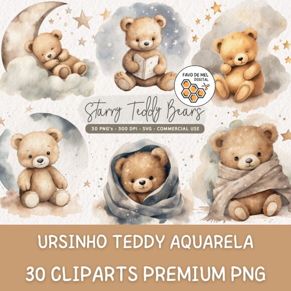 Kit Digital Ursinho Aquarela Premium - Starry Teddy Bear