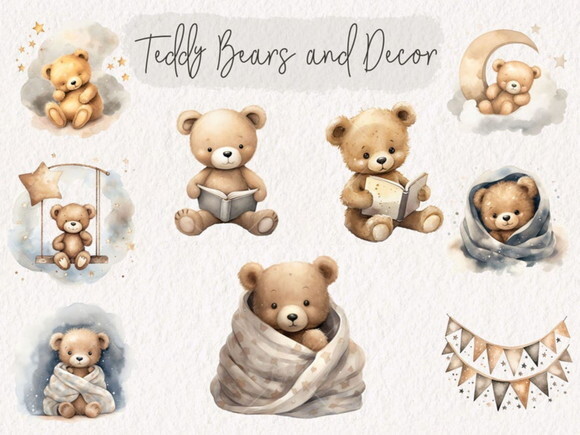 Kit Digital Ursinho Aquarela Premium - Starry Teddy Bear
