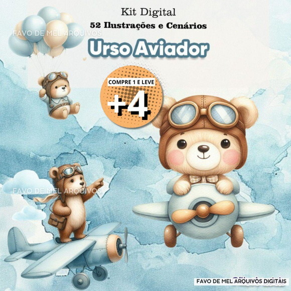 Kit Digital Ursinho Aviador Aquarela Png (pague 1 Leve 5)
