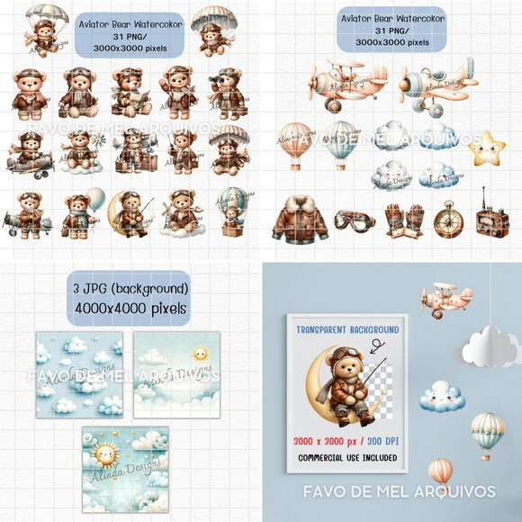 Kit Digital Ursinho Aviador Aquarela Premium