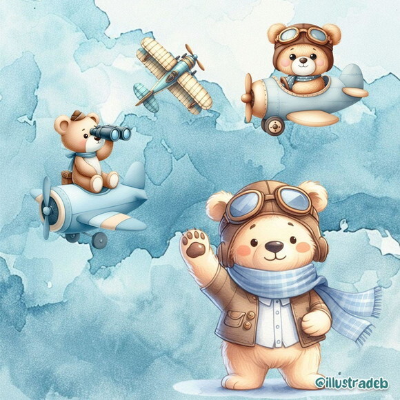 Kit Digital Ursinho Aviador Aquarela Png (pague 1 Leve 5)