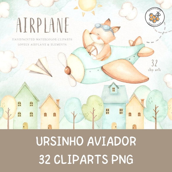 Kit Digital Ursinho Aviador Aquarela Premium