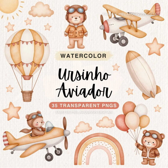 Kit Digital Ursinho Aviador Neutro Aquarela #10 Png Premium