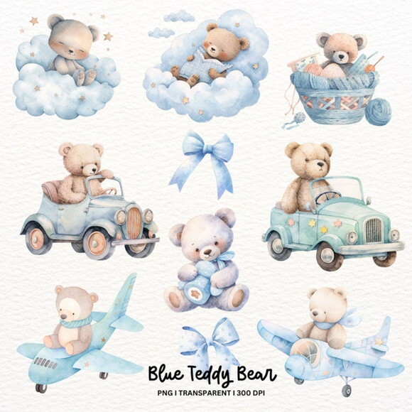 Kit Digital Ursinho Azul Aquarela - Blue Teddy Bear