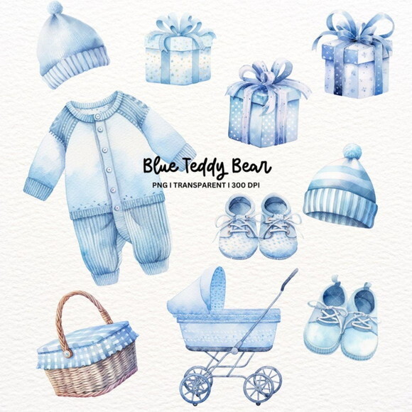 Kit Digital Ursinho Azul Aquarela - Blue Teddy Bear