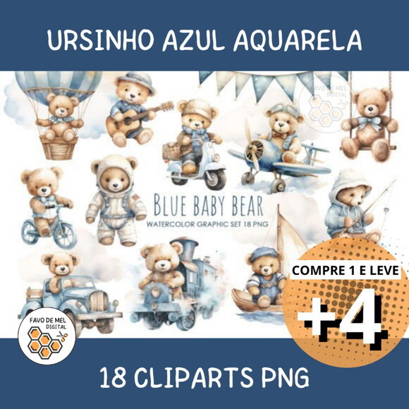 Kit Digital Ursinho Azul Aquarela #10 (pague 1 Leve +4) Asp