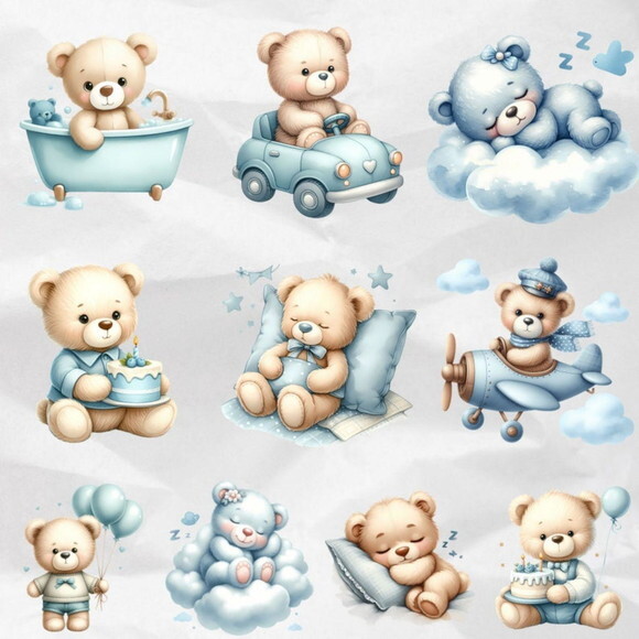 Kit Digital Ursinho Azul Aquarela #11 Blue Teddy Bear