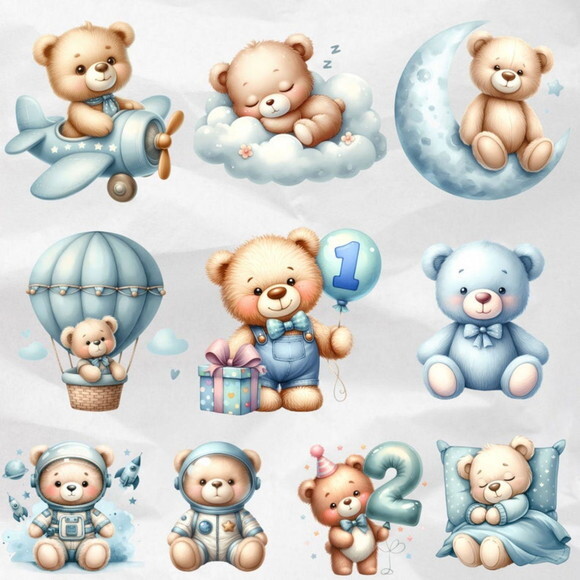 Kit Digital Ursinho Azul Aquarela #11 Blue Teddy Bear