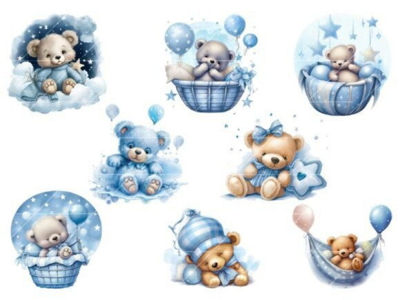 Kit Digital Ursinho Azul Aquarela #12 Cute Teddy Bear Ds