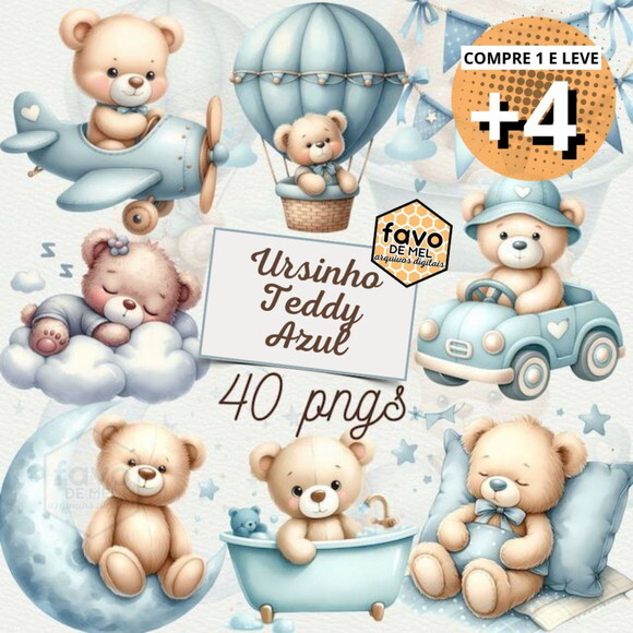 Kit Digital Ursinho Azul Aquarela #11 Blue Teddy Bear