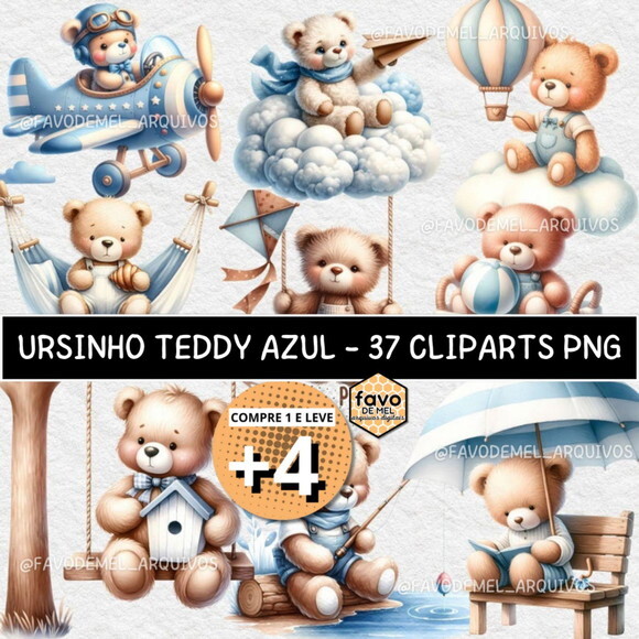 Kit Digital Ursinho Azul Aquarela #13 Cute Teddy Bear