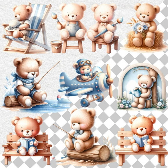 Kit Digital Ursinho Azul Aquarela #13 Cute Teddy Bear