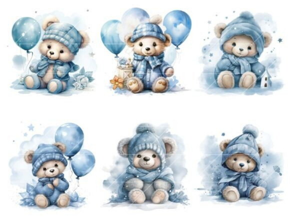 Kit Digital Ursinho Azul Aquarela #12 Cute Teddy Bear Ds
