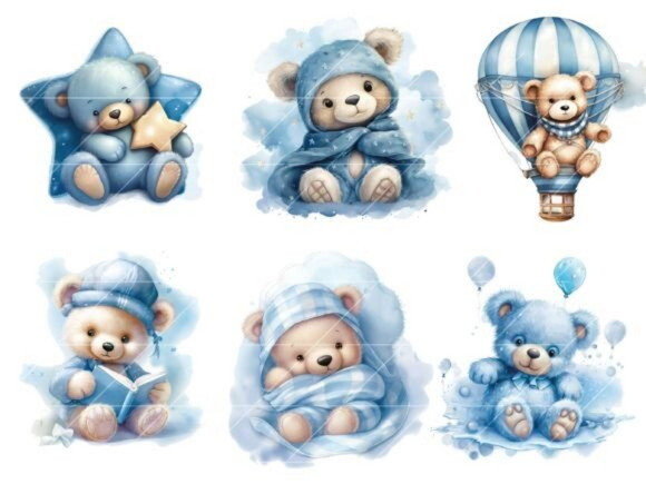 Kit Digital Ursinho Azul Aquarela #12 Cute Teddy Bear Ds