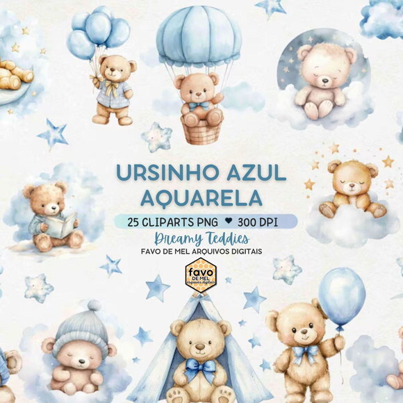 Kit Digital Ursinho Azul Aquarela #16 Sonhe Alto Premium