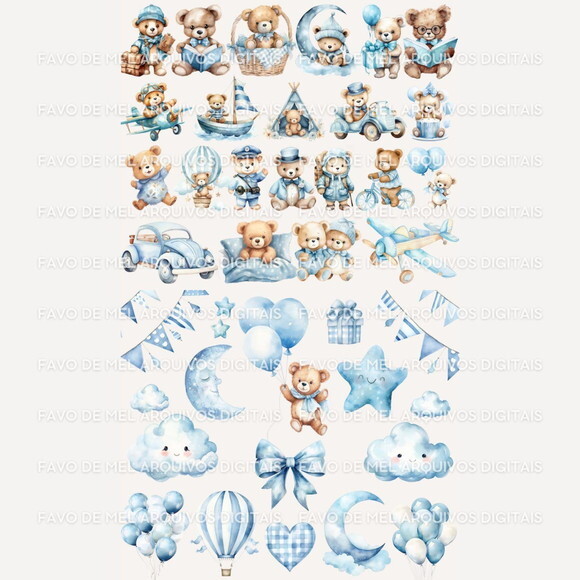 Kit Digital Ursinho Azul Aquarela #15 Blue Teddy Bear