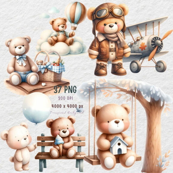 Kit Digital Ursinho Azul Aquarela #13 Cute Teddy Bear