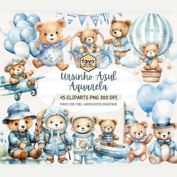 Kit Digital Ursinho Azul Aquarela #15 Blue Teddy Bear