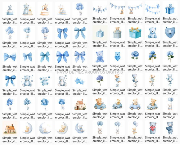 Kit Digital Ursinho Azul Aquarela #20 Png Fundo Branco