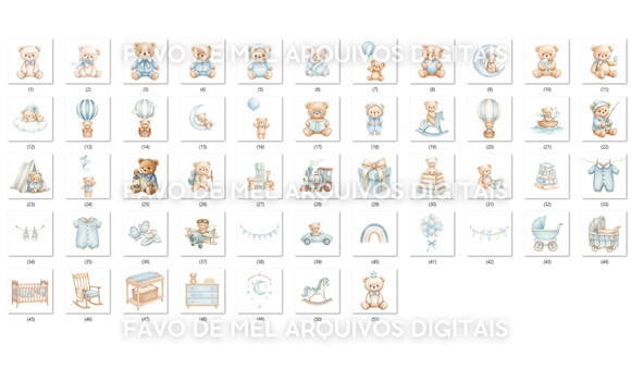 Kit Digital Ursinho Azul Aquarela #24 Png (pague 1 Leve 5)